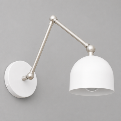 White dome shade wall sconce with adjustable brushed nickel arm and round base. - SCONCE MODEL NO. 5998