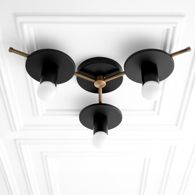 Three-light flush mount chandelier with matte black shades and antique brass accents. - CHANDELIER MODEL NO. 9526