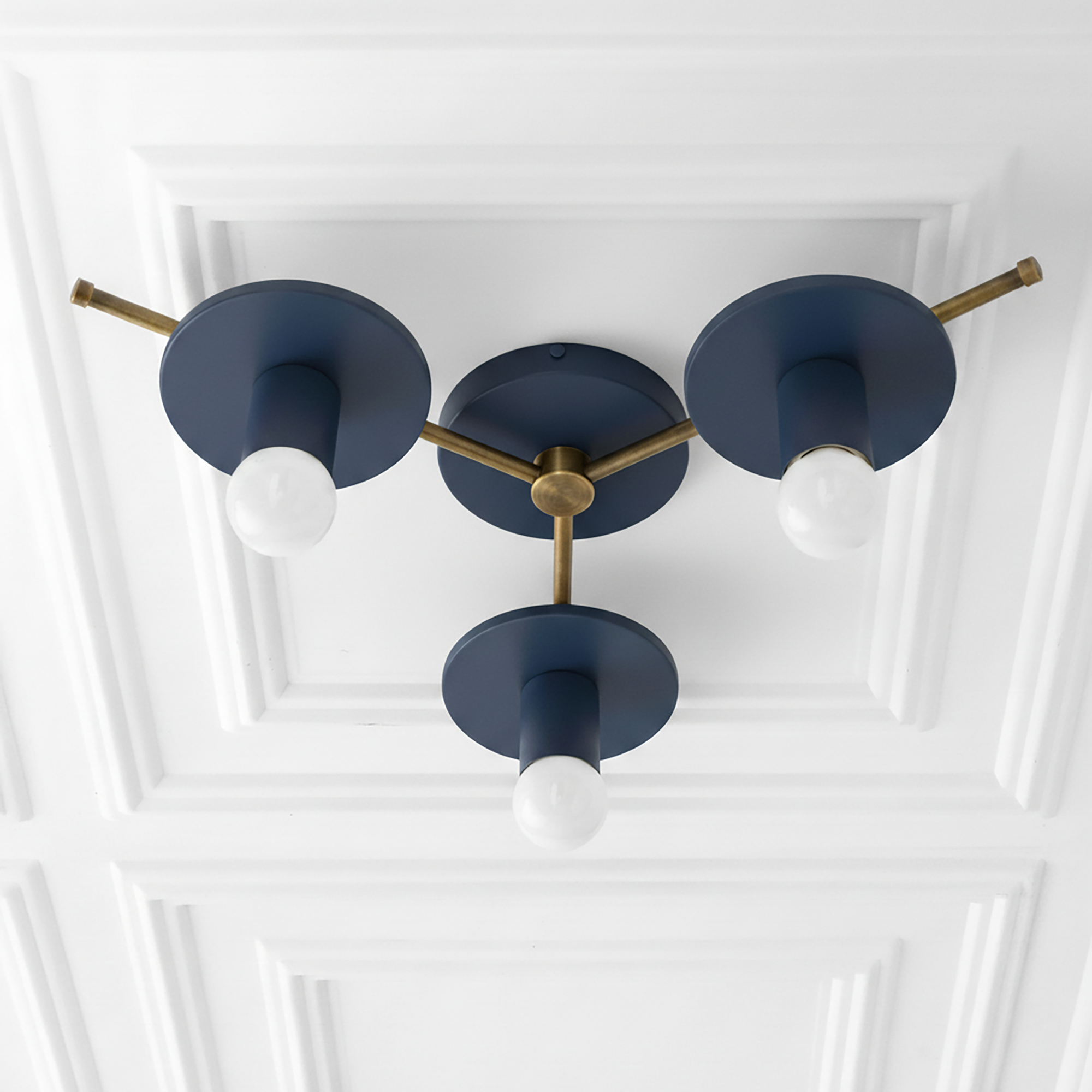 Mid-century modern raw brass flush mount chandelier with three coal blue metal shades and bare bulbs. - CHANDELIER MODEL NO. 9526