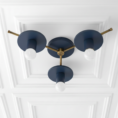 Mid-century modern raw brass flush mount chandelier with three coal blue metal shades and bare bulbs. - CHANDELIER MODEL NO. 9526