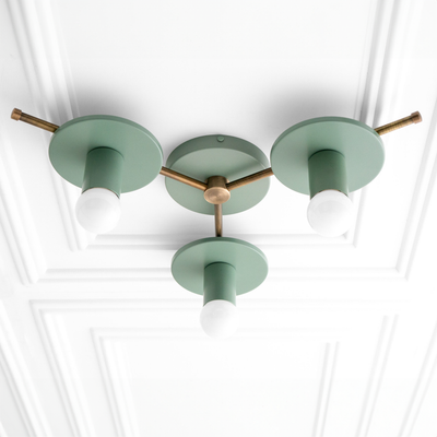 Mid-century modern flush mount chandelier with three green matte shades and antique brass accents. - CHANDELIER MODEL NO. 9526