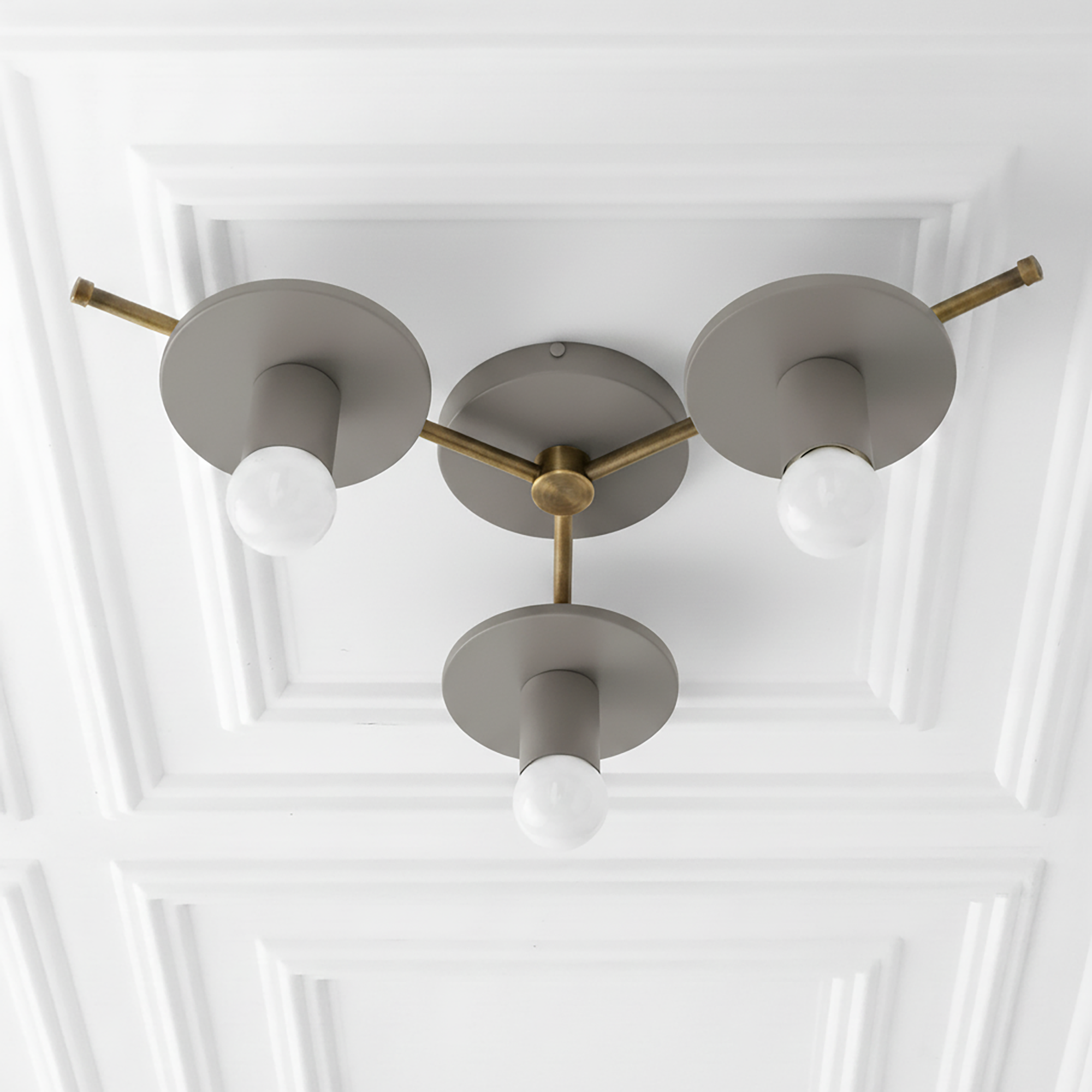 Mid-century modern flush mount chandelier with three white circular metal shades and exposed bulbs, brass accents. - CHANDELIER MODEL NO. 9526
