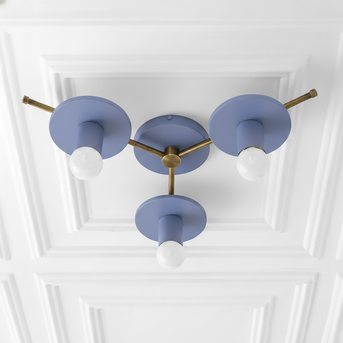 Mid-century modern flush mount ceiling light with three blue circular metal shades and exposed white bulbs on brass arms. - CHANDELIER MODEL NO. 9526