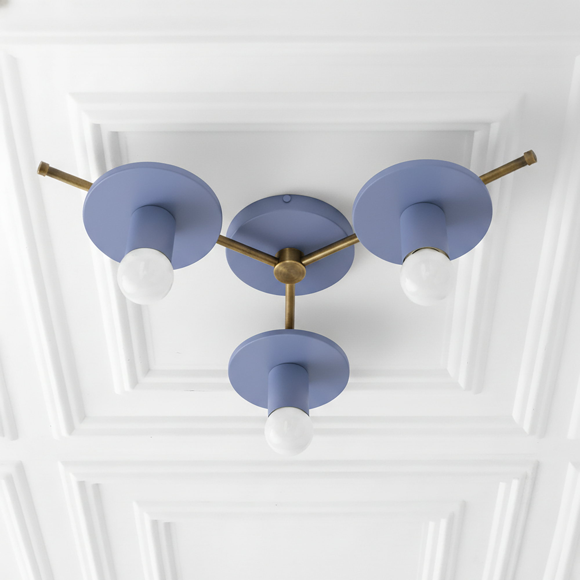 Mid-century modern flush mount ceiling light with three blue circular metal shades and exposed white bulbs on brass arms. - CHANDELIER MODEL NO. 9526
