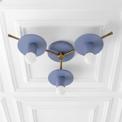 Mid-century modern flush mount ceiling light with three blue circular metal shades and exposed white bulbs on brass arms. - CHANDELIER MODEL NO. 9526