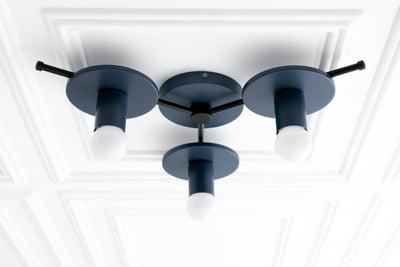 Mid-century modern flush mount chandelier with three matte blue circular metal shades and exposed white bulbs. - CHANDELIER MODEL NO. 9526