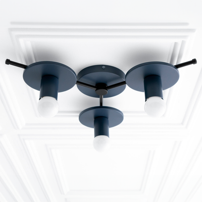 Black mid-century modern flush mount ceiling light with three round bulb fixtures and circular backplate. - CHANDELIER MODEL NO. 9526