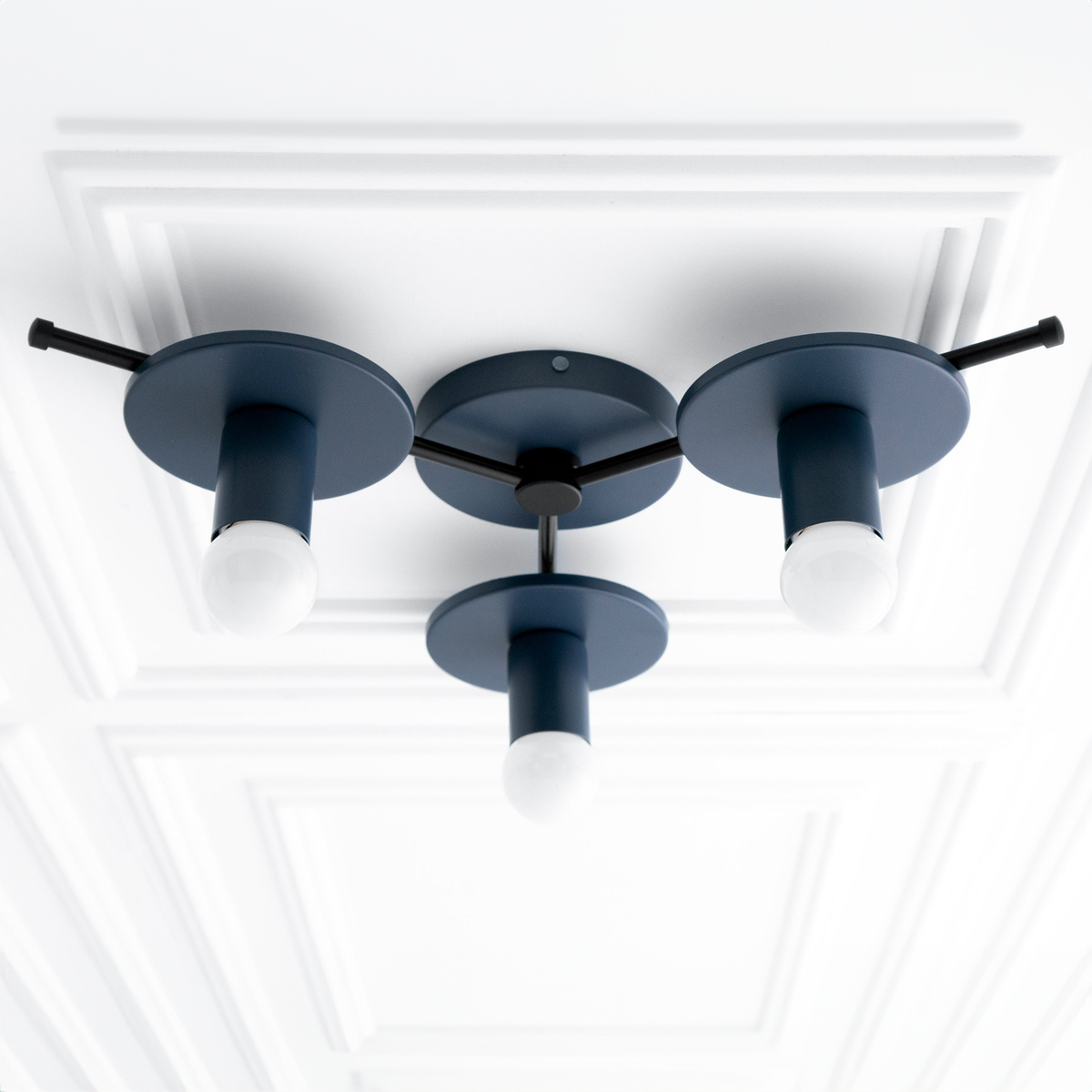 Black flush mount chandelier with three downward-facing bare bulbs on round shades. - CHANDELIER MODEL NO. 9526