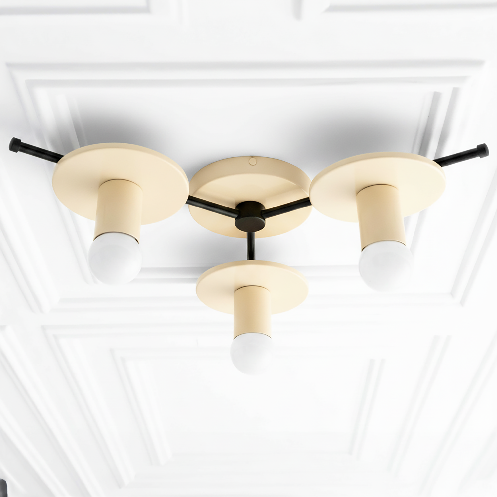 Mid-century modern flush mount chandelier with three cream-colored cylindrical shades and black metal accents. - CHANDELIER MODEL NO. 9526