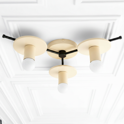 Mid-century modern flush mount chandelier with three cream-colored cylindrical shades and black metal accents. - CHANDELIER MODEL NO. 9526