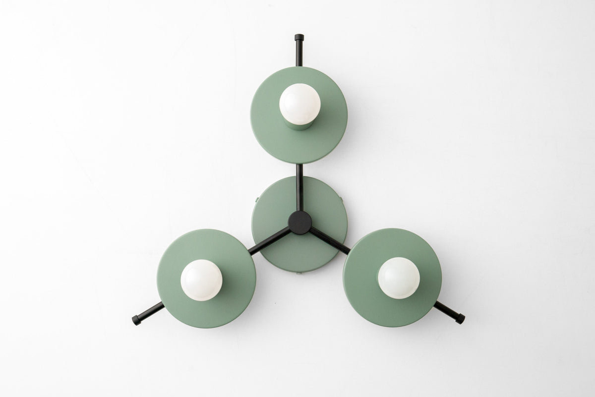 Mid-century modern flush mount chandelier with three green circular shades and exposed bulbs. - CHANDELIER MODEL NO. 9526