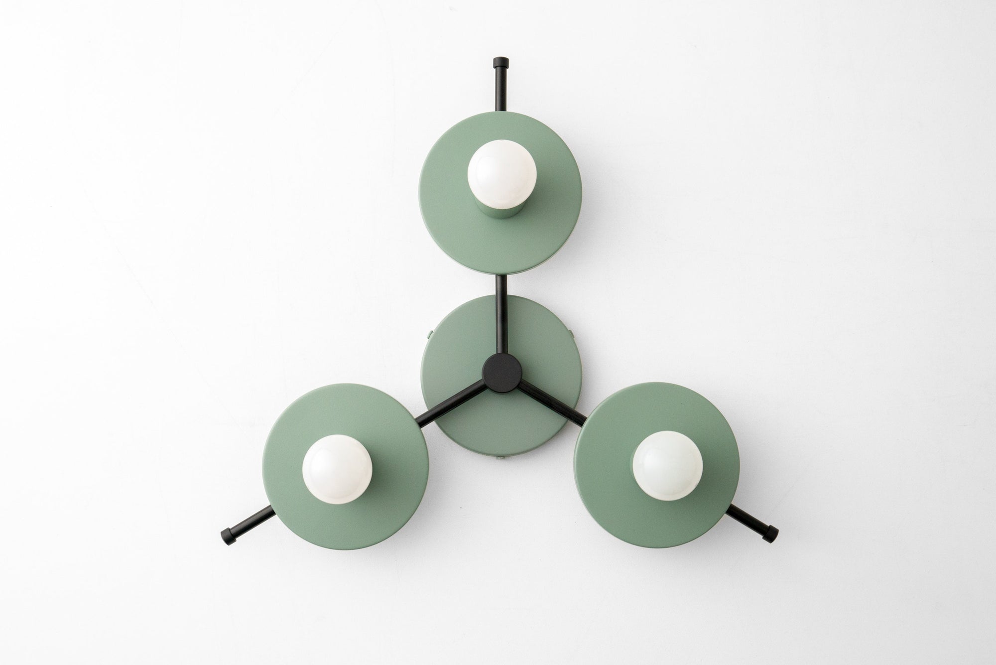 Mid-century modern flush mount chandelier with three green circular shades and exposed bulbs. - CHANDELIER MODEL NO. 9526