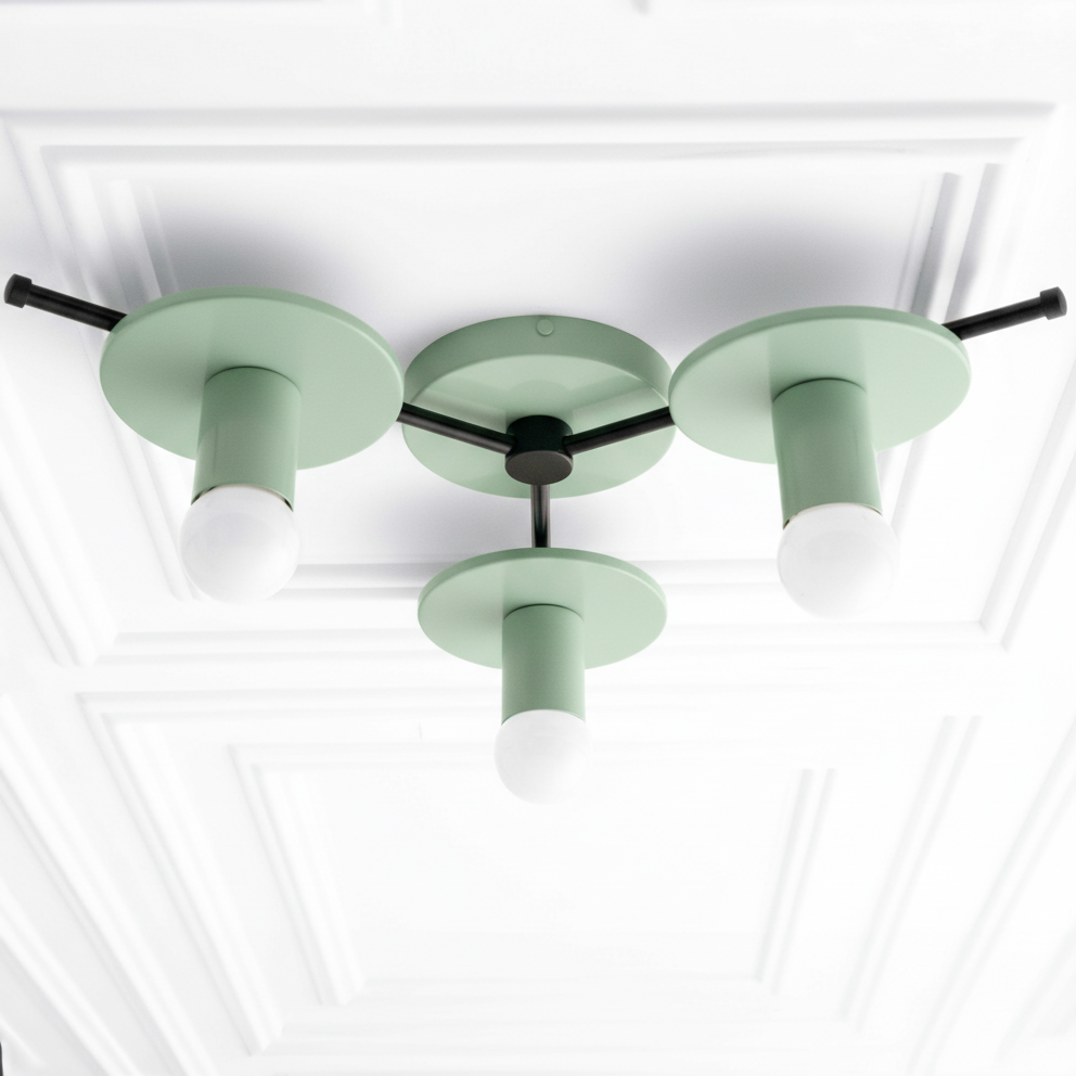 Mid-century modern chandelier with three matte green flush mount lights and black metal accents. - CHANDELIER MODEL NO. 9526