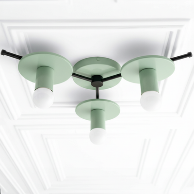 Mid-century modern chandelier with three matte green flush mount lights and black metal accents. - CHANDELIER MODEL NO. 9526
