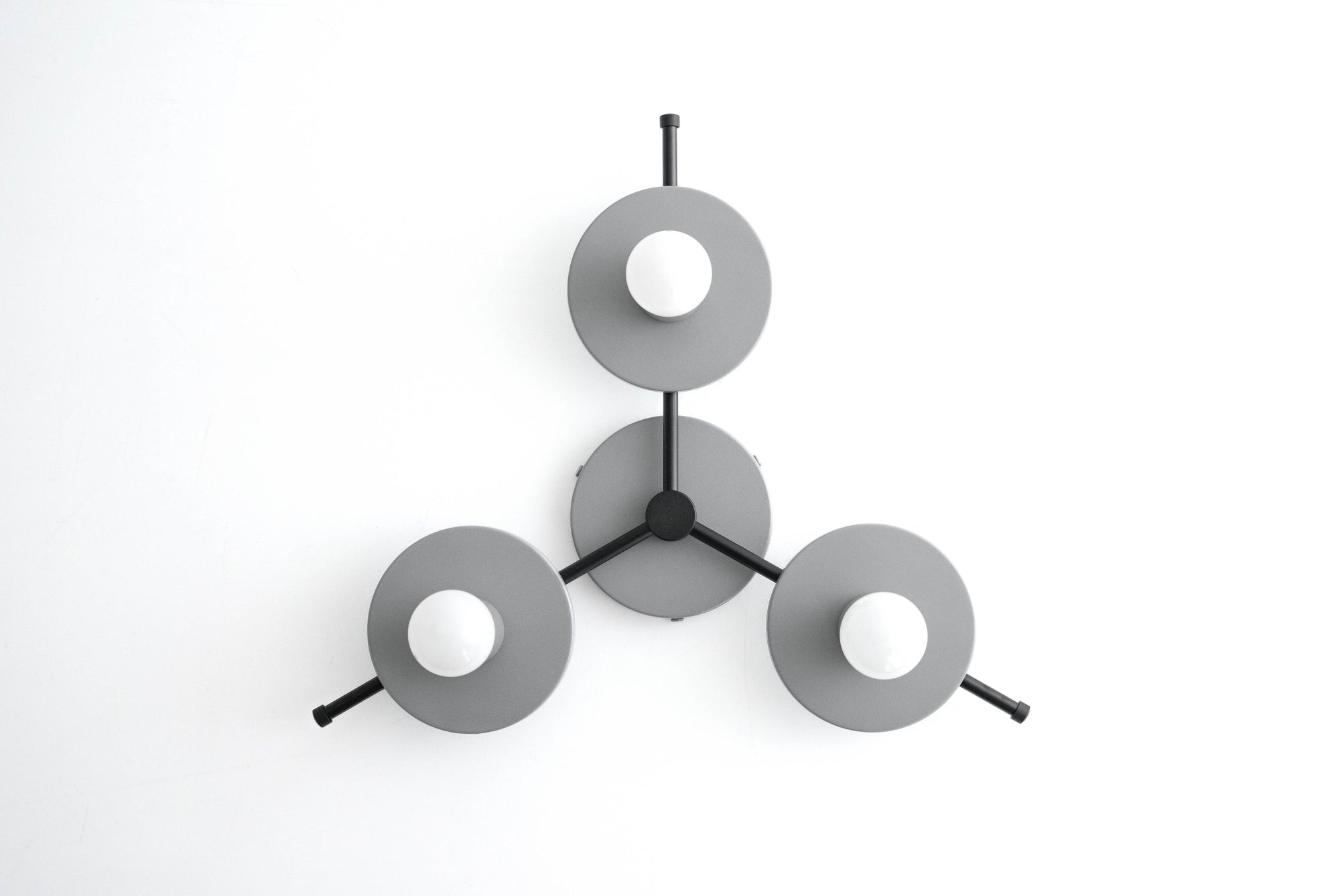 Modern mid-century flush mount ceiling light with three round gray metal shades and exposed bulbs. - CHANDELIER MODEL NO. 9526