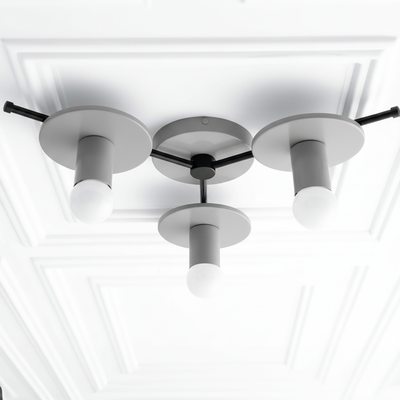 Mid-century modern flush mount ceiling light with three white bare bulbs and matte black fixtures. - CHANDELIER MODEL NO. 9526