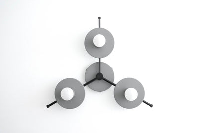 Modern mid-century flush mount ceiling light with three round gray metal shades and exposed bulbs. - CHANDELIER MODEL NO. 9526