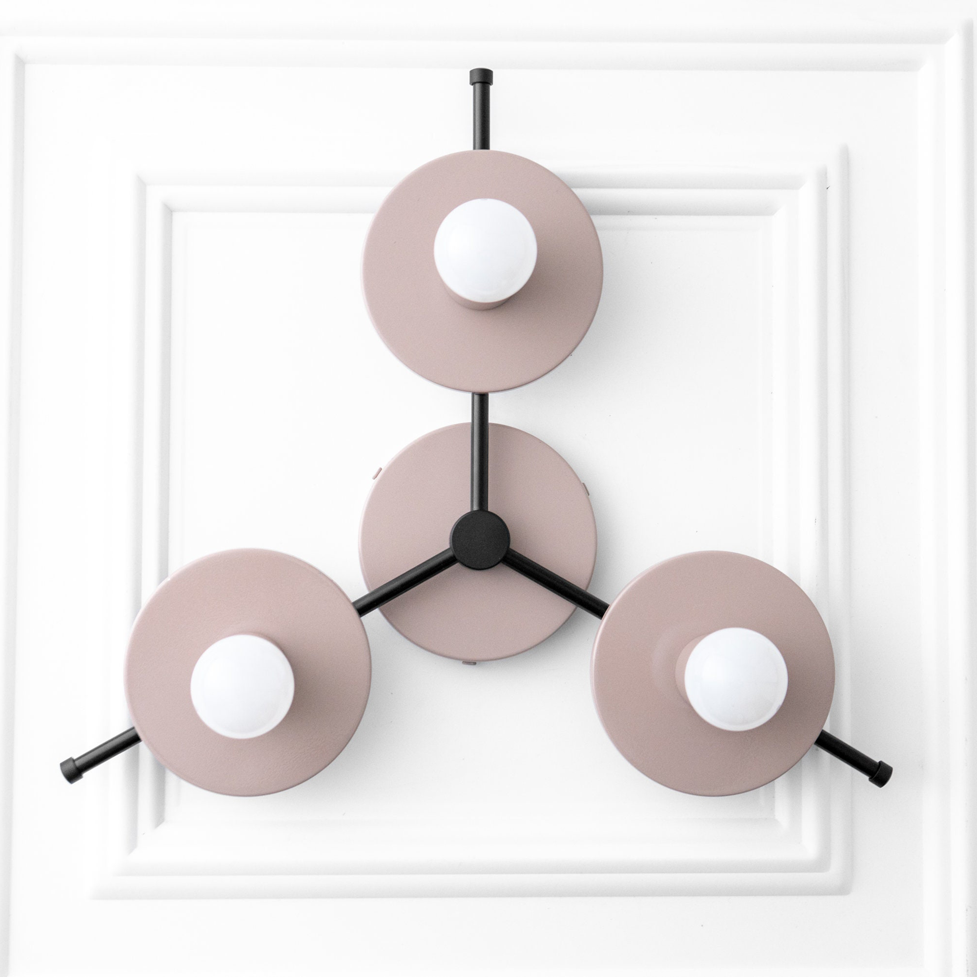 Mid-century modern flush mount chandelier with three mauve circular metal shades and black arms. - CHANDELIER MODEL NO. 9526