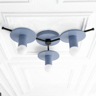 Mid-century modern flush mount chandelier with three matte blue metal shades and exposed bulbs on black arms. - CHANDELIER MODEL NO. 9526