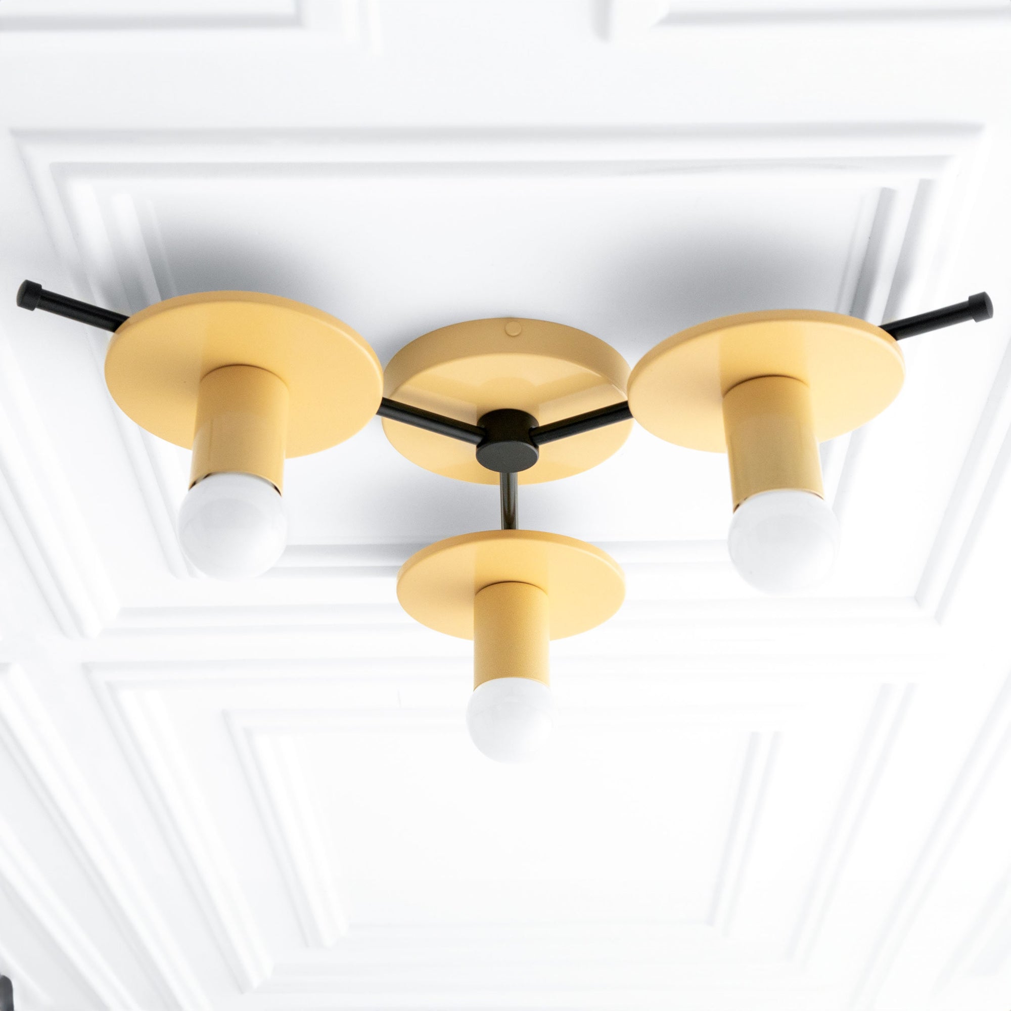 Mid-century modern flush mount ceiling light with three mustard yellow circular metal shades and exposed white bulbs on a. - CHANDELIER MODEL NO. 9526