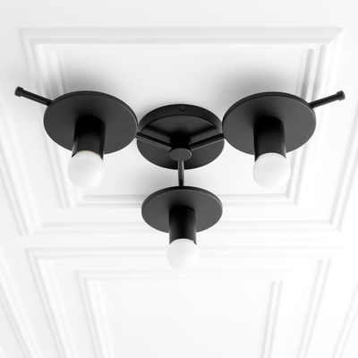 Black flush mount chandelier with three exposed bulb fixtures and round metal bases. - CHANDELIER MODEL NO. 9526