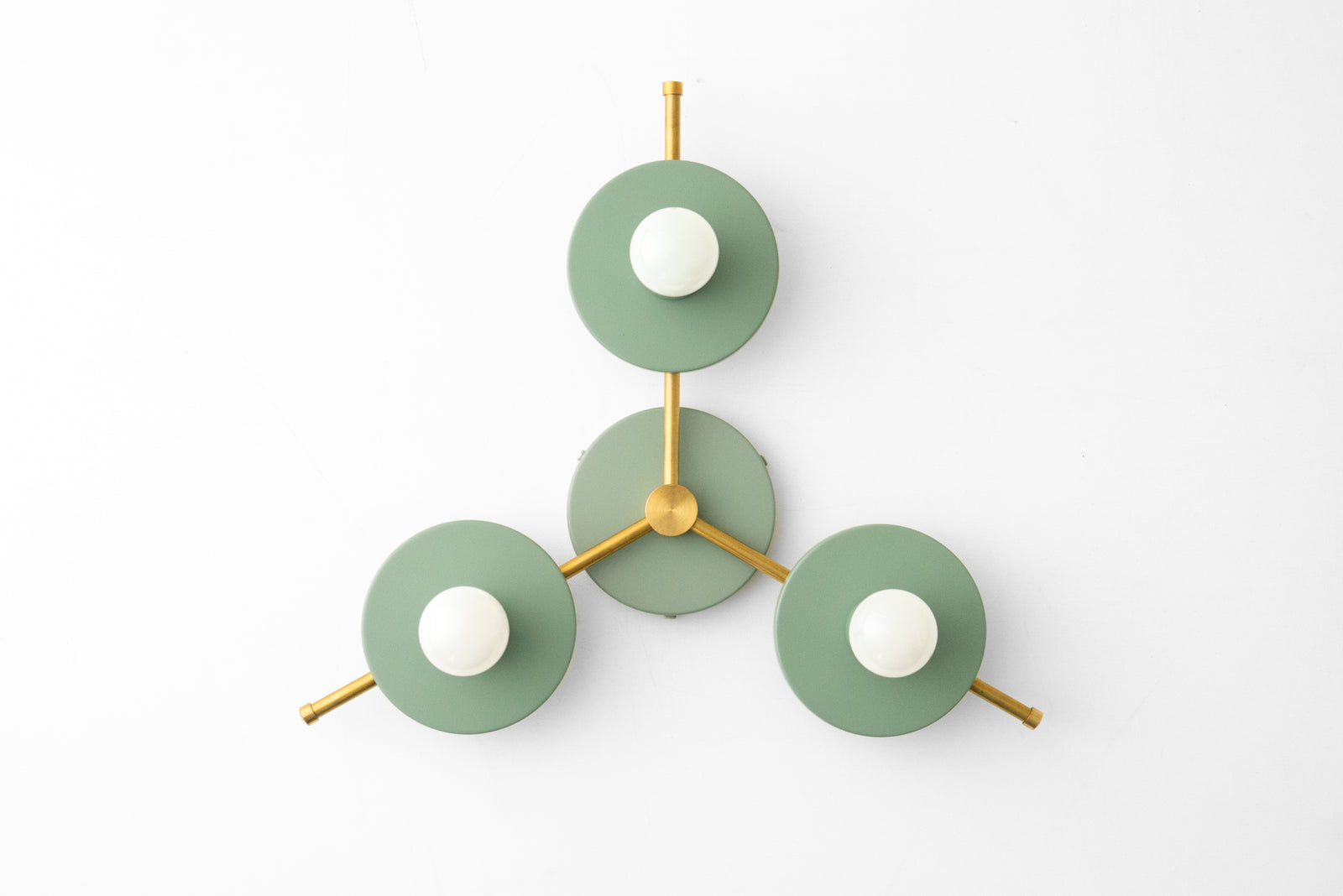 Mid-century modern chandelier with three green circular metal shades and brass arms, flush mount design. - CHANDELIER MODEL NO. 9526