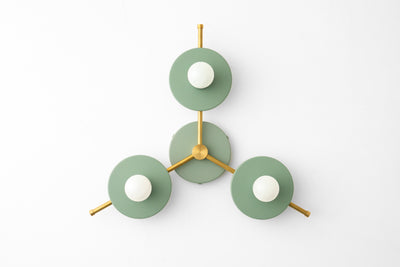 Mid-century modern chandelier with three green circular metal shades and brass arms, flush mount design. - CHANDELIER MODEL NO. 9526