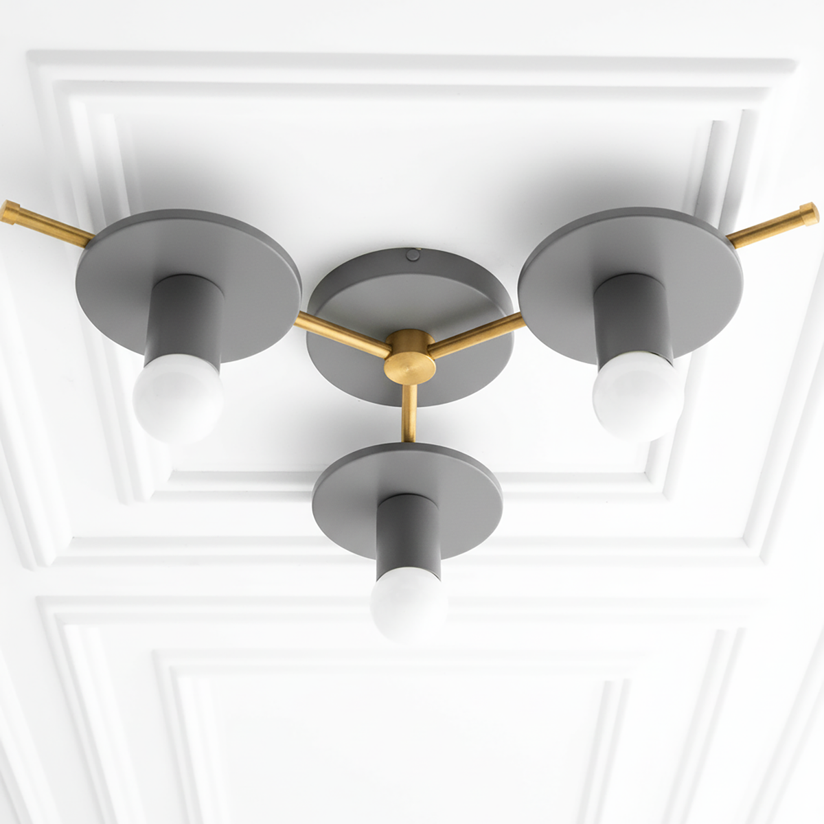 Mid-century modern triple flush mount chandelier with gray shades, antique brass arms, and white bulbs. - CHANDELIER MODEL NO. 9526