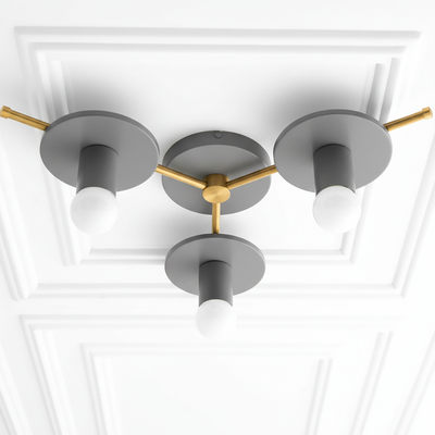 Mid-century modern flush mount chandelier with three bare white bulbs, matte gray and brass finish. - CHANDELIER MODEL NO. 9526