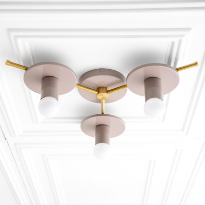 Mid-century flush mount chandelier with mauve circular shades and antique brass accents, three exposed bulbs. - CHANDELIER MODEL NO. 9526