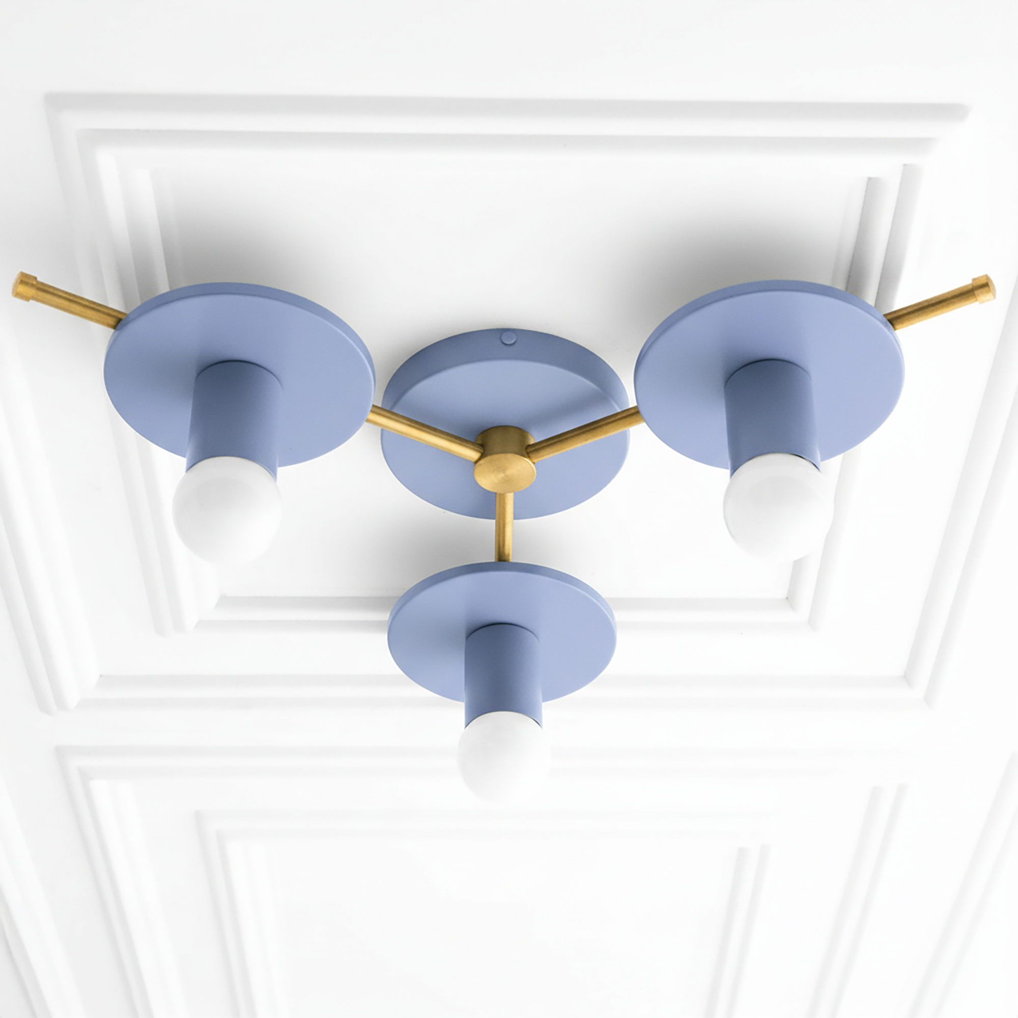 Mid-century modern flush mount ceiling light with three blue circular bases and exposed white bulbs on brass arms. - CHANDELIER MODEL NO. 9526