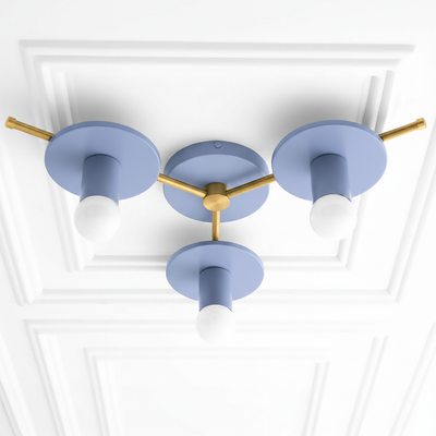 Mid-century modern flush mount ceiling light with three blue circular bases and exposed white bulbs on brass arms. - CHANDELIER MODEL NO. 9526