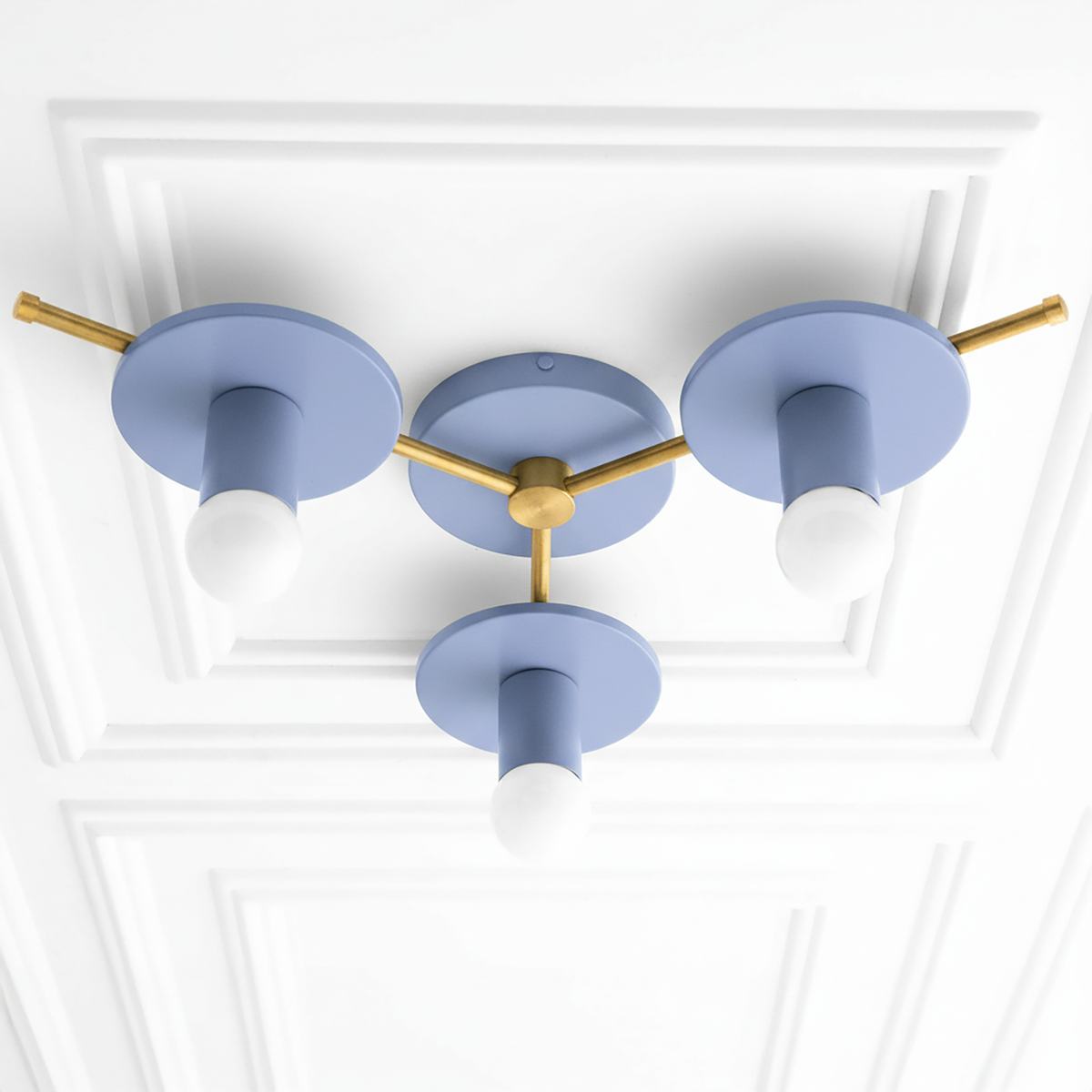 Mid-century modern chandelier with antique brass arms and three periwinkle circular light shades with exposed bulbs. - CHANDELIER MODEL NO. 9526