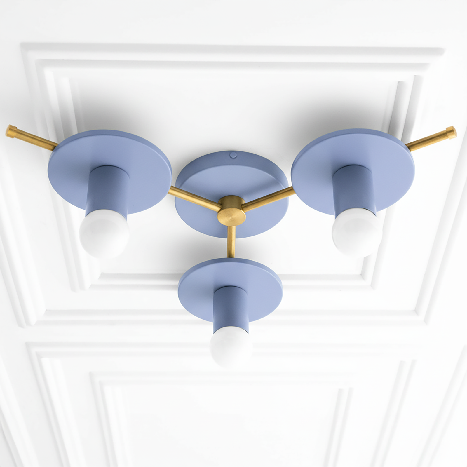 Mid-century modern chandelier with antique brass arms and three periwinkle circular light shades with exposed bulbs. - CHANDELIER MODEL NO. 9526
