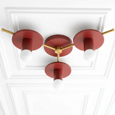 Mid-century modern flush mount ceiling light with three exposed bulbs, red circular shades, and gold metal accents. - CHANDELIER MODEL NO. 9526