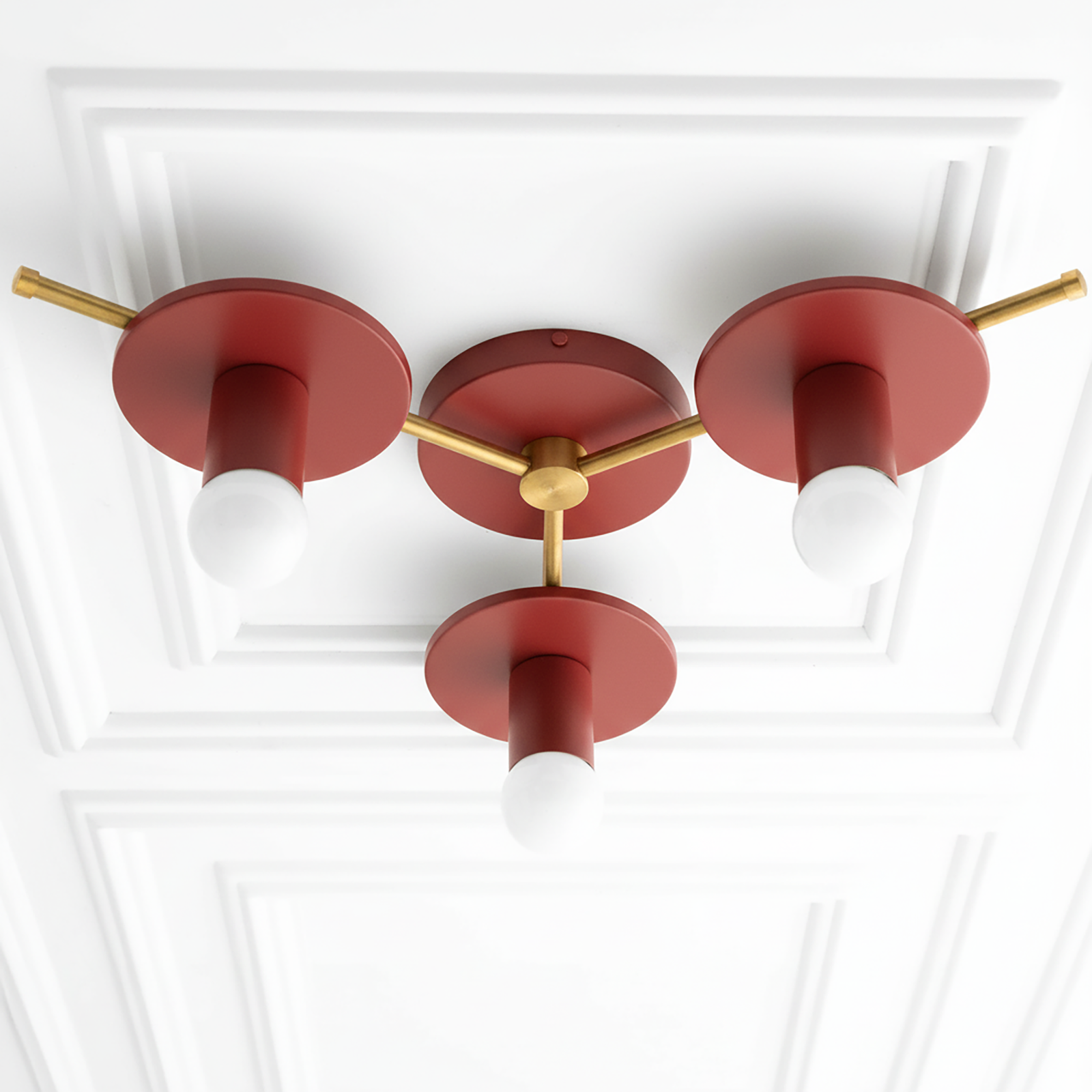 Mid-century modern flush mount chandelier with three brick red shades and antique brass arms. - CHANDELIER MODEL NO. 9526