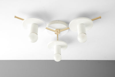Mid-century modern flush mount ceiling light with three white cylindrical shades and gold metal accents. - CHANDELIER MODEL NO. 9526