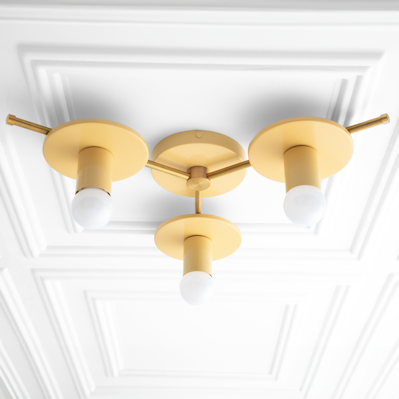 Mid-century modern chandelier with three matte yellow metal shades and exposed white bulbs, flush mount ceiling light. - CHANDELIER MODEL NO. 9526