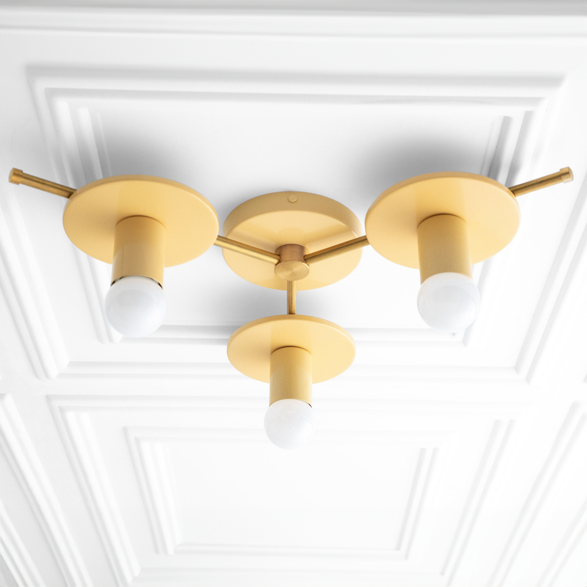 Mid-century modern chandelier with three matte yellow metal shades and exposed white bulbs, flush mount ceiling light. - CHANDELIER MODEL NO. 9526
