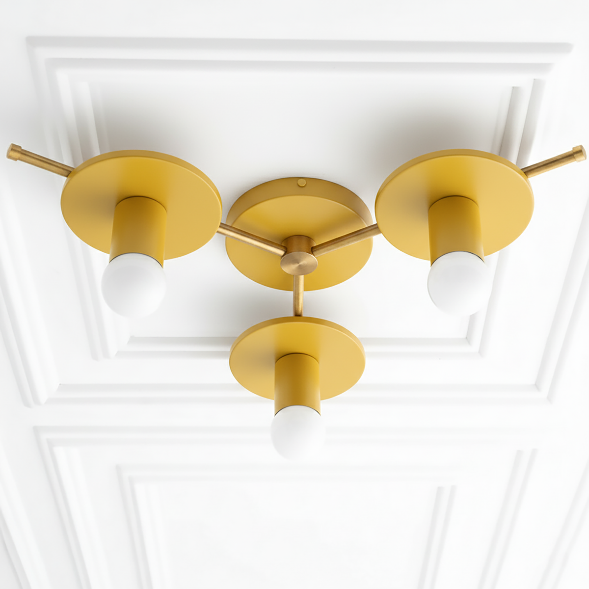 Mid-century modern flush mount ceiling light with three mustard yellow circular metal shades and exposed white bulbs. - CHANDELIER MODEL NO. 9526