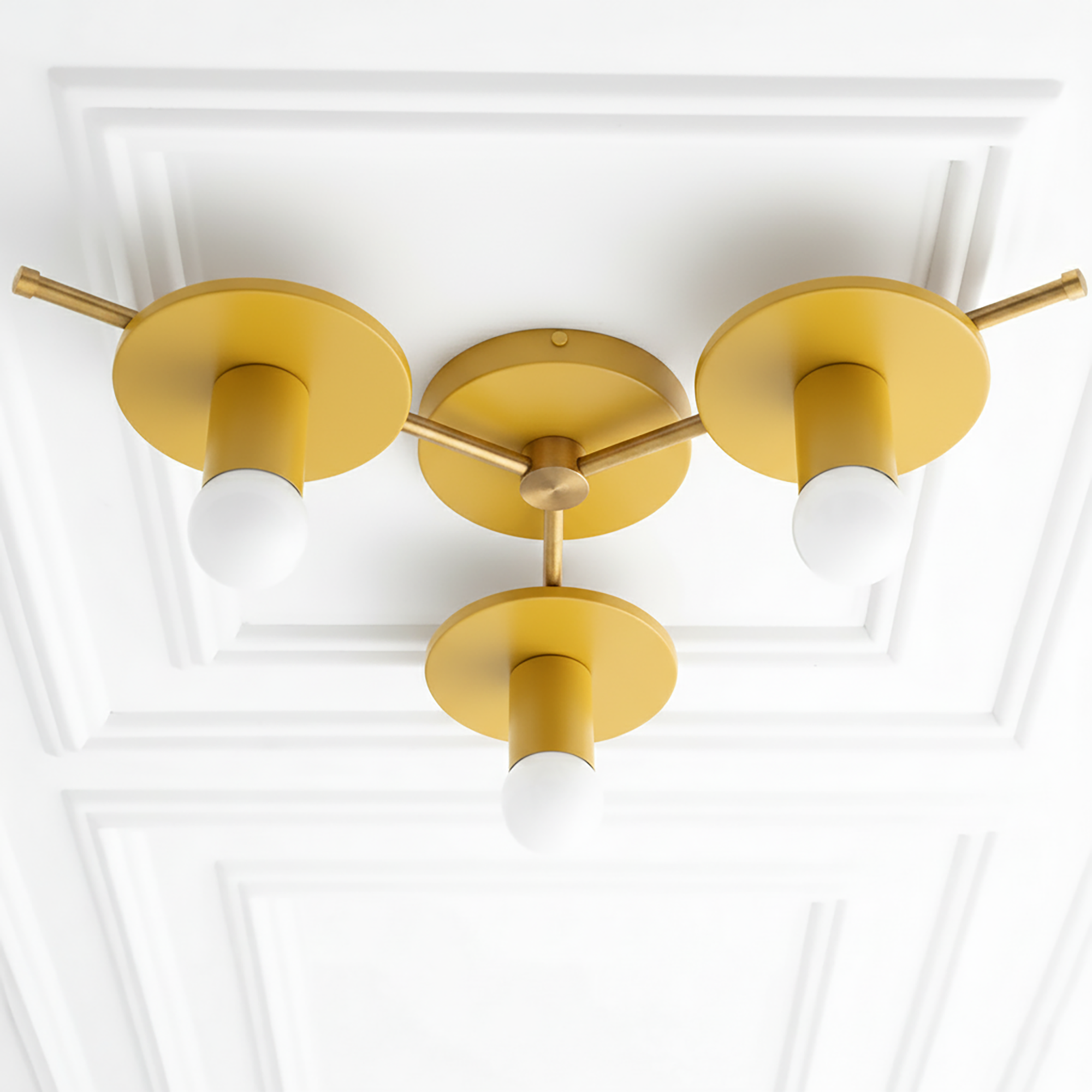 Mid-century modern flush mount ceiling light with three mustard yellow circular metal shades and exposed white bulbs. - CHANDELIER MODEL NO. 9526