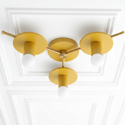 Mid-century modern flush mount ceiling light with three mustard yellow circular metal shades and exposed white bulbs. - CHANDELIER MODEL NO. 9526