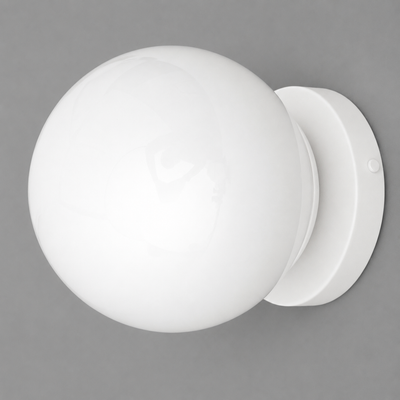 White spherical glass globe wall sconce with smooth matte white metal base, flush mount design. - SCONCE MODEL NO. 3825
