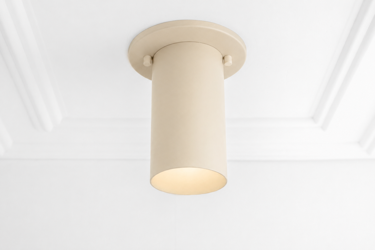 Beige cylindrical flush mount ceiling light with smooth matte finish and open bottom shade. - CEILING LIGHT MODEL NO. 4771