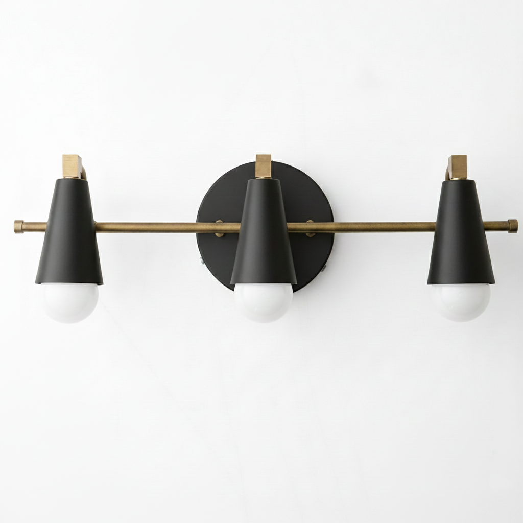 Three-bulb vanity light with black cone-shaped shades and brass accents on a round black base. - VANITY LIGHT MODEL NO. 8084