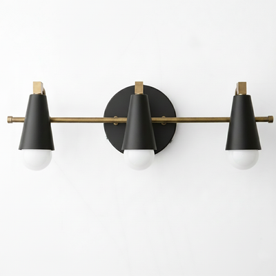 Three-bulb vanity light with black cone-shaped shades and brass accents on a round black base. - VANITY LIGHT MODEL NO. 8084