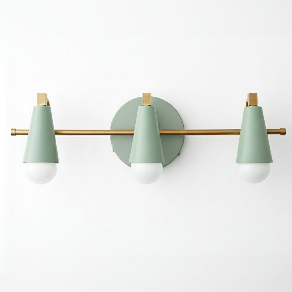 Mid-century modern vanity light with three cone-shaped sage green shades and brass accents. - VANITY LIGHT MODEL NO. 8084