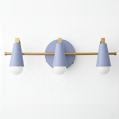 Mid-century modern 3-bulb vanity light with matte lavender cone shades and brass accents. - VANITY LIGHT MODEL NO. 8084
