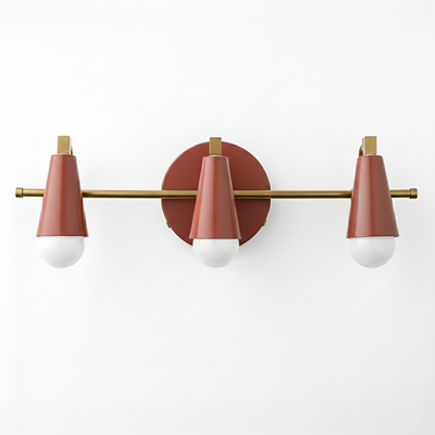 Mid-century modern 3-bulb vanity light with matte rose gold cone shades and brass accents. - VANITY LIGHT MODEL NO. 8084