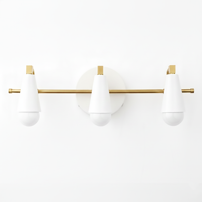 Three-light vanity fixture with white cone-shaped shades and a horizontal gold rod mounted on a round white base. - VANITY LIGHT MODEL NO. 8084